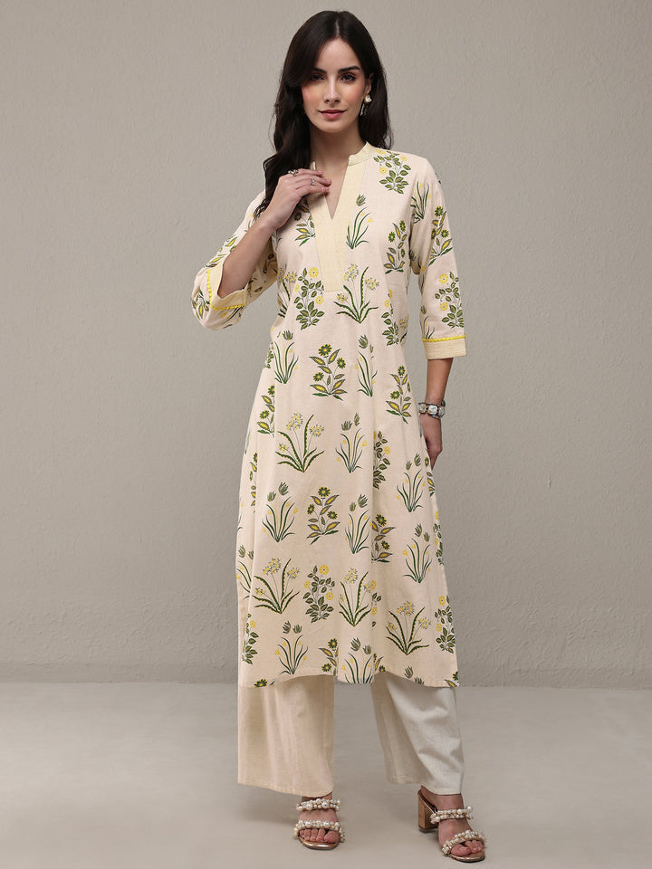 Off White Floral Printed Cotton Straight Kurta Set