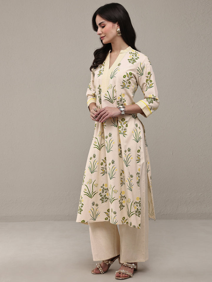 Off White Floral Printed Cotton Straight Kurta Set