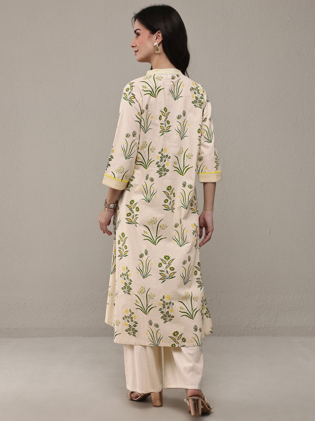 Off White Floral Printed Cotton Straight Kurta Set