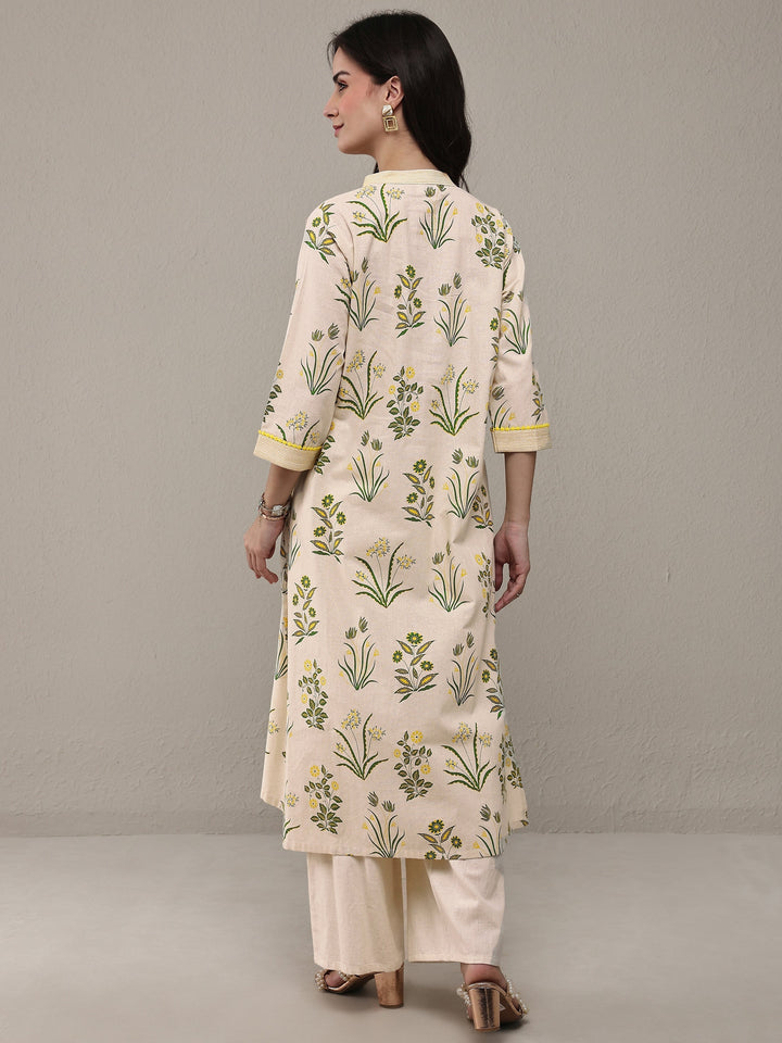 Off White Floral Printed Cotton Straight Kurta Set