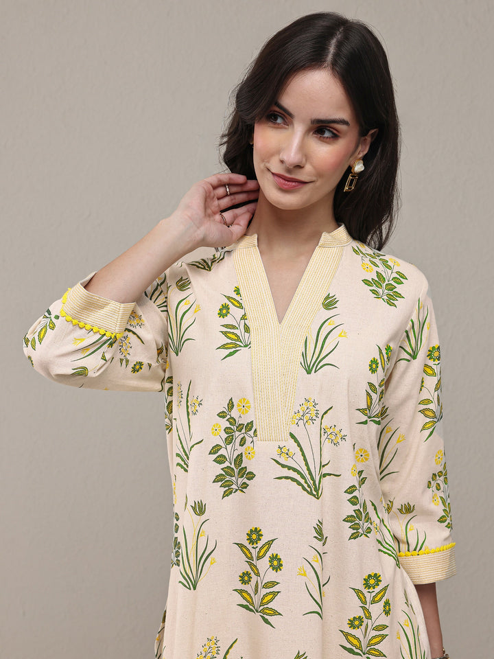 Off White Floral Printed Cotton Straight Kurta Set