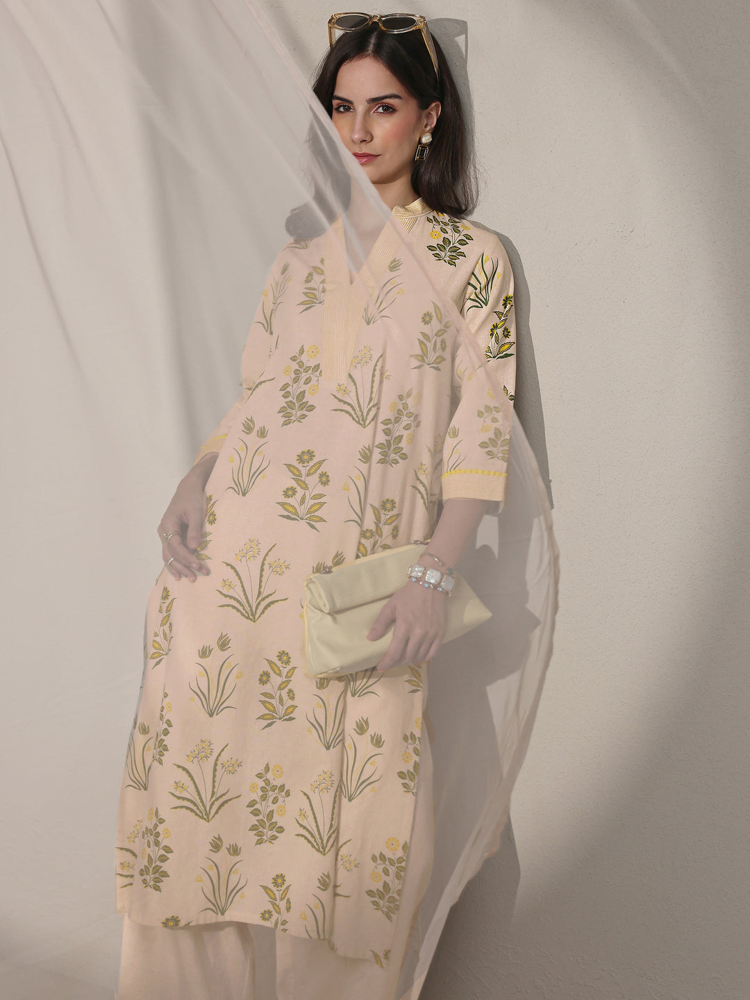 Off White Floral Printed Cotton Straight Kurta Set