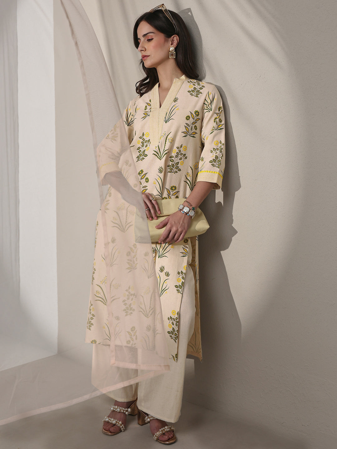 Off White Floral Printed Cotton Straight Kurta Set