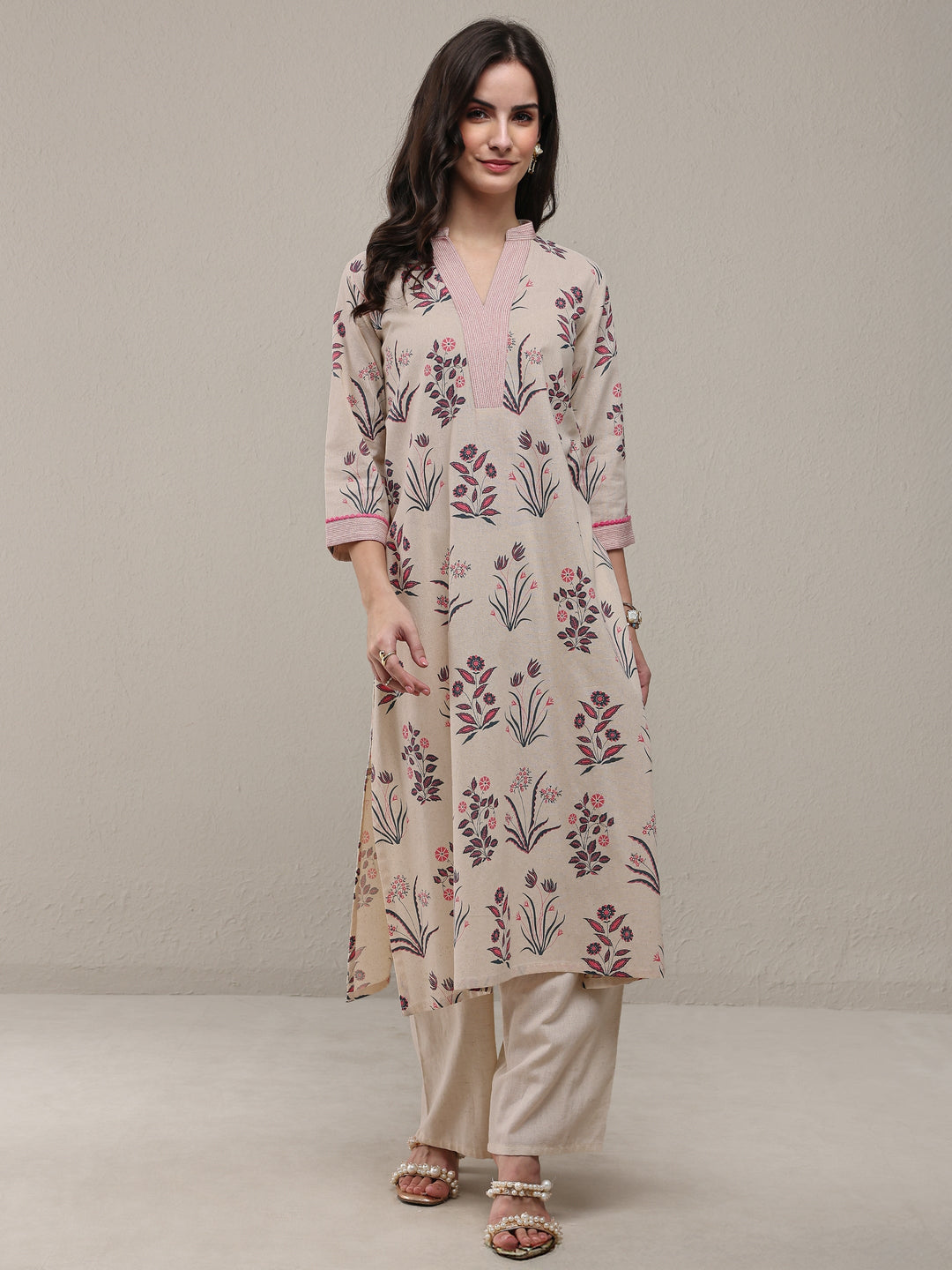 Beige Floral Printed Cotton Straight Kurta Set