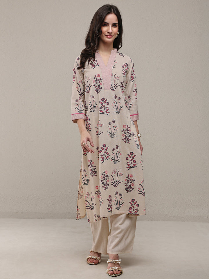 Beige Floral Printed Cotton Straight Kurta Set
