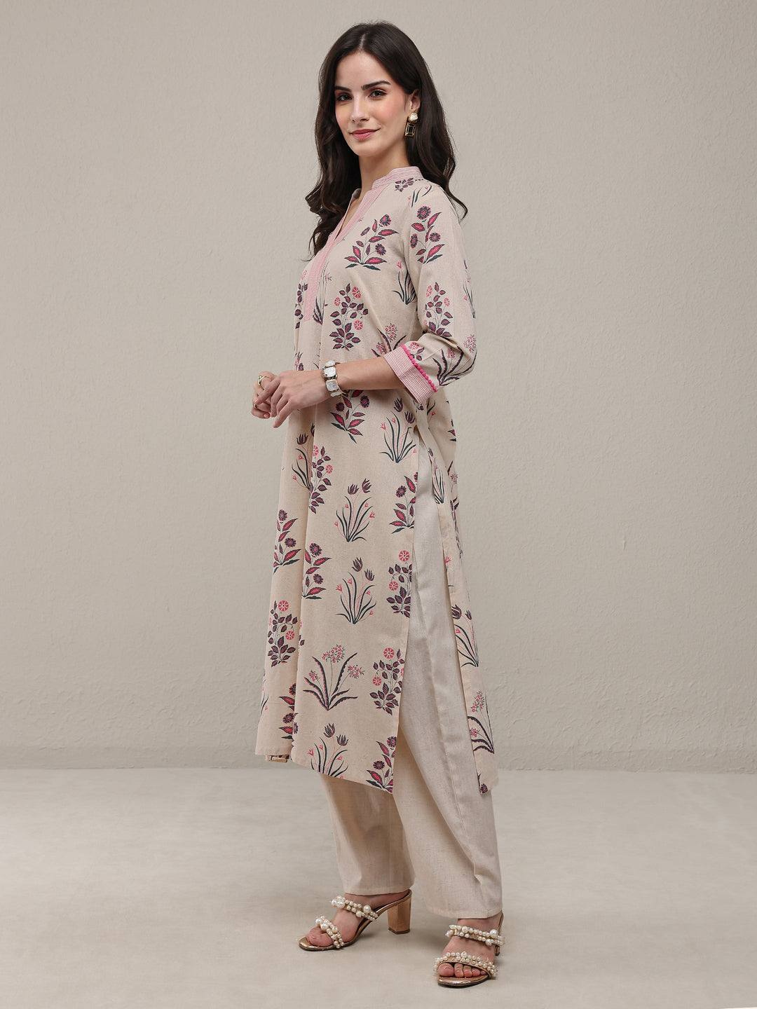 Beige Floral Printed Cotton Straight Kurta Set