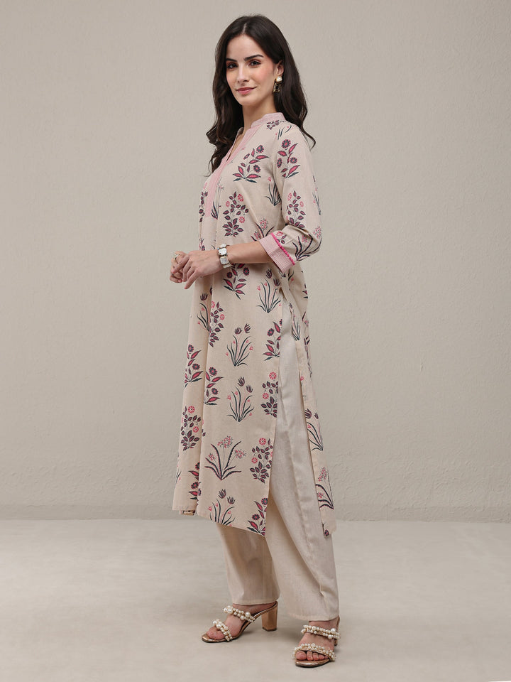 Beige Floral Printed Cotton Straight Kurta Set