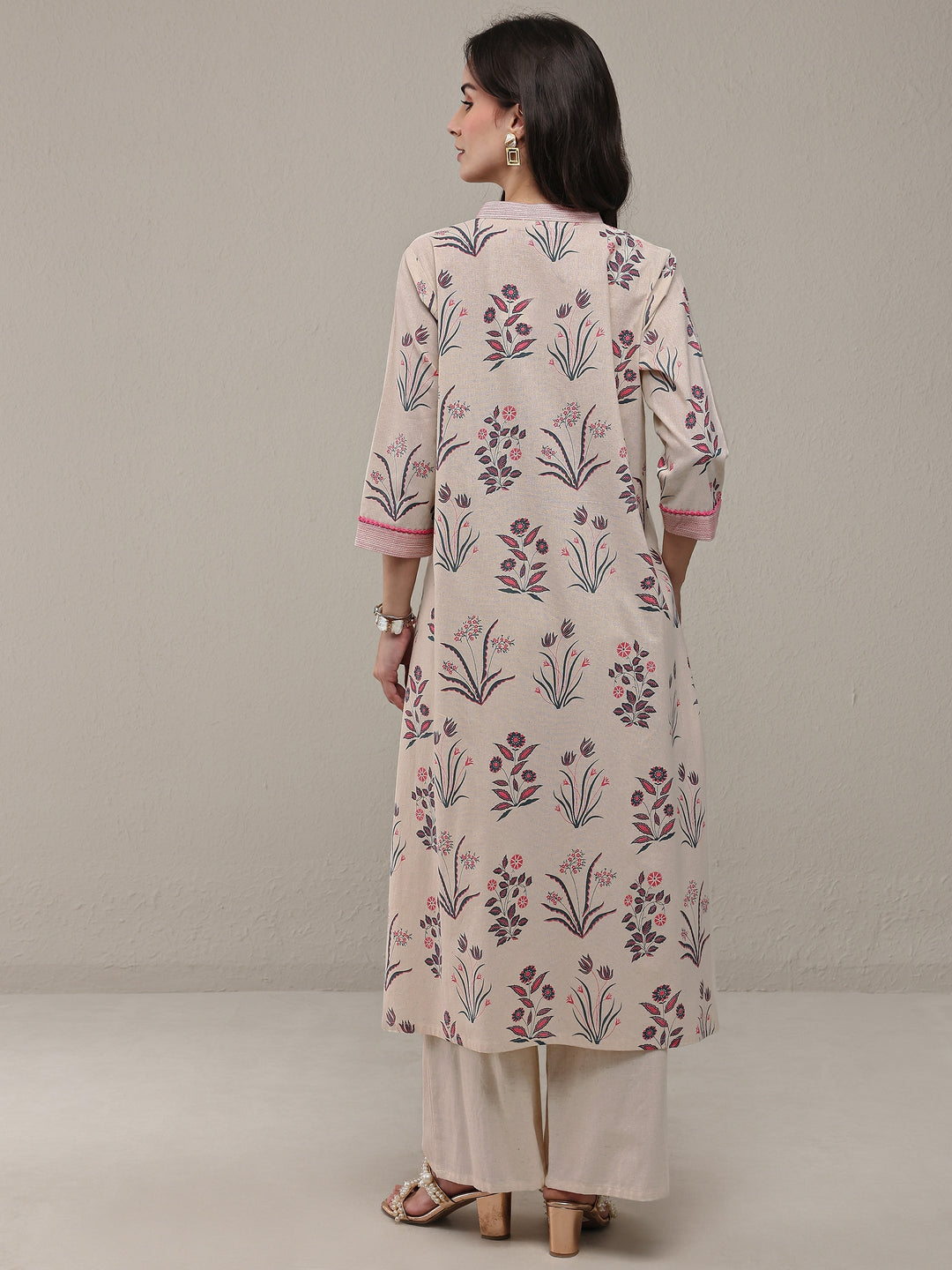 Beige Floral Printed Cotton Straight Kurta Set