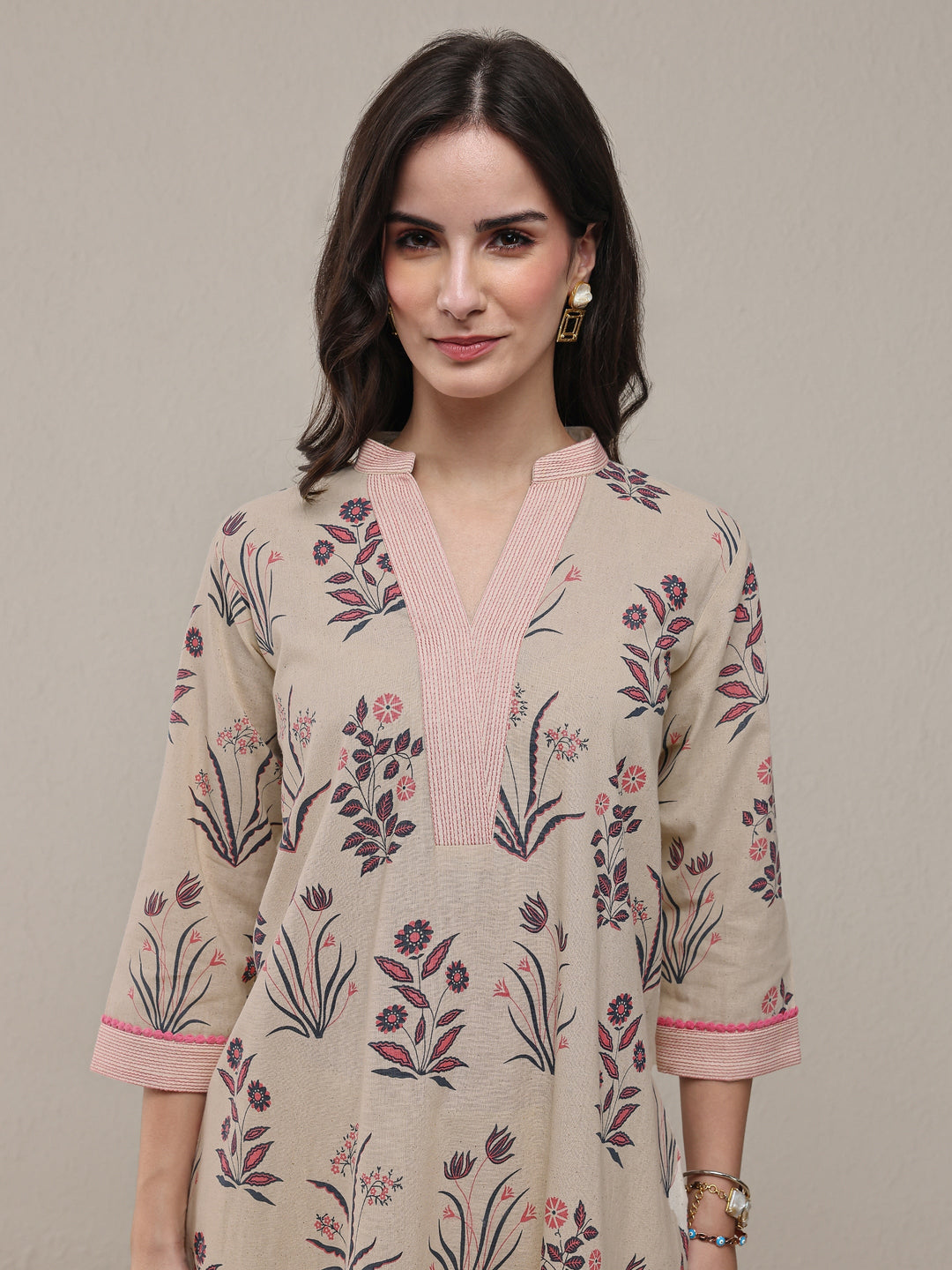 Beige Floral Printed Cotton Straight Kurta Set