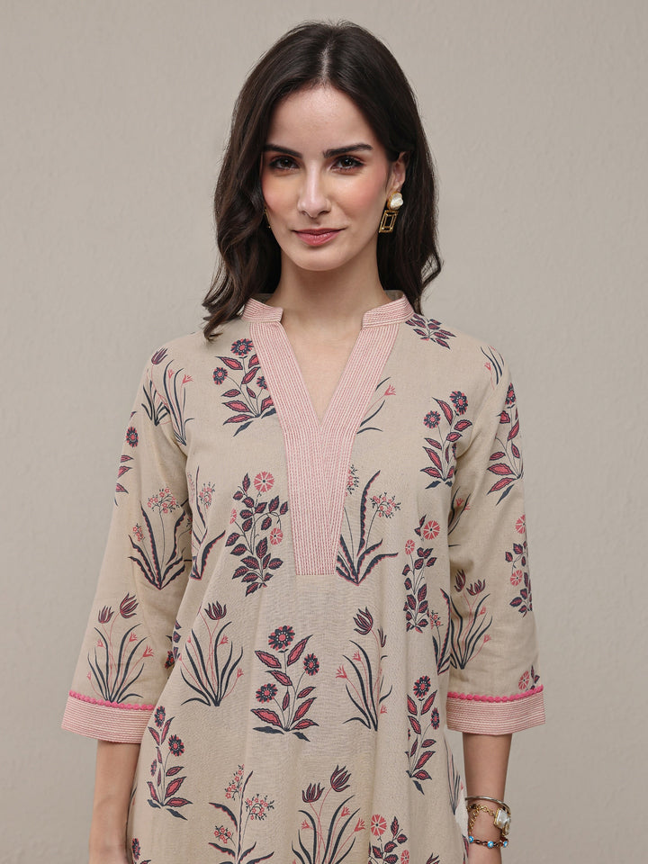 Beige Floral Printed Cotton Straight Kurta Set