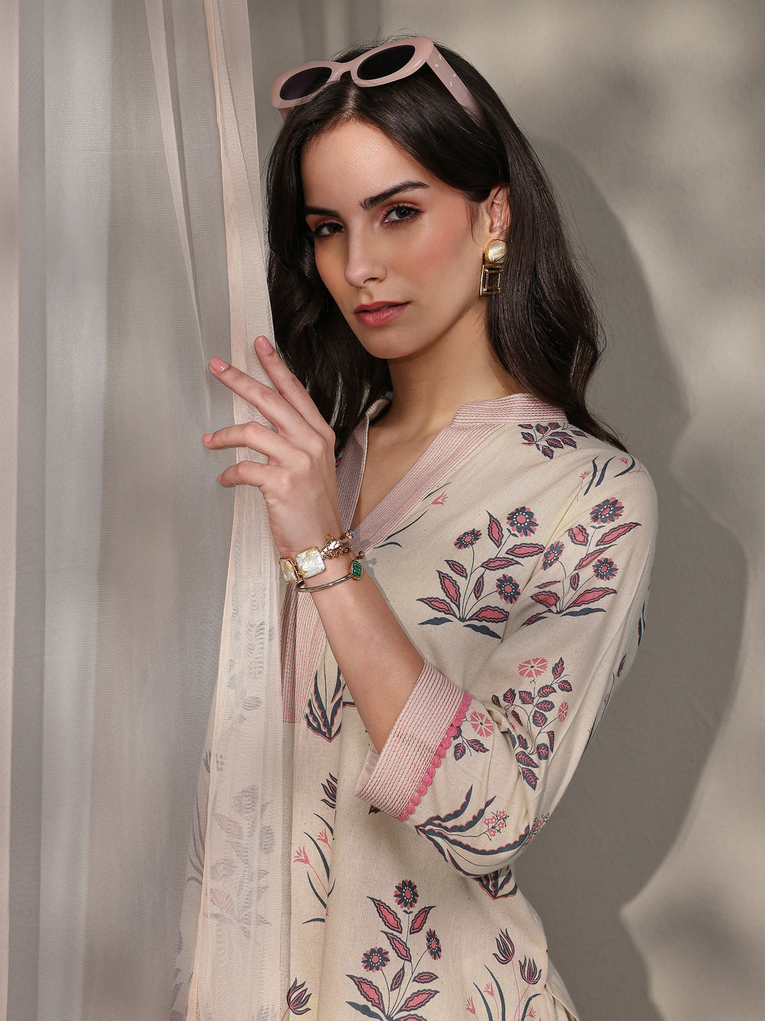 Beige Floral Printed Cotton Straight Kurta Set