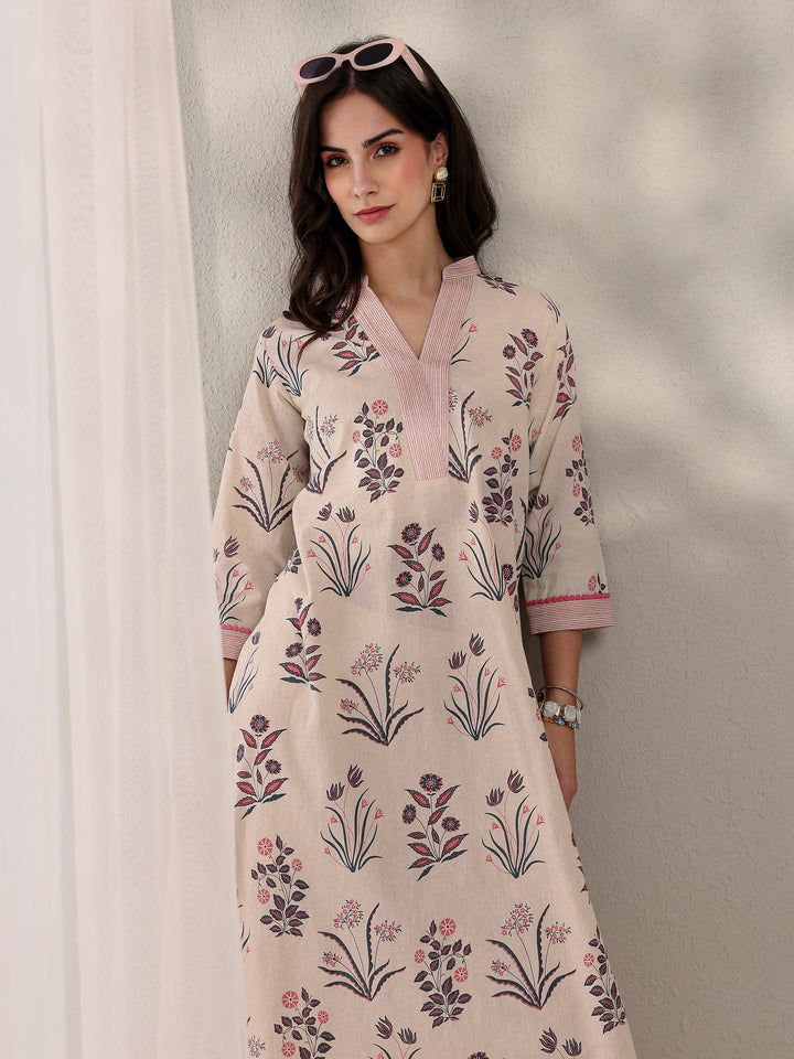 Beige Floral Printed Cotton Straight Kurta Set