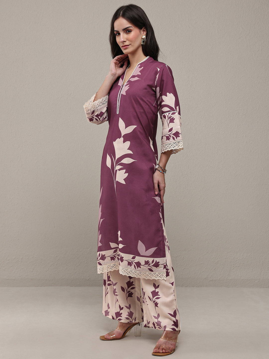 Mauve Floral Printed Cotton Blend Straight Kurta Set