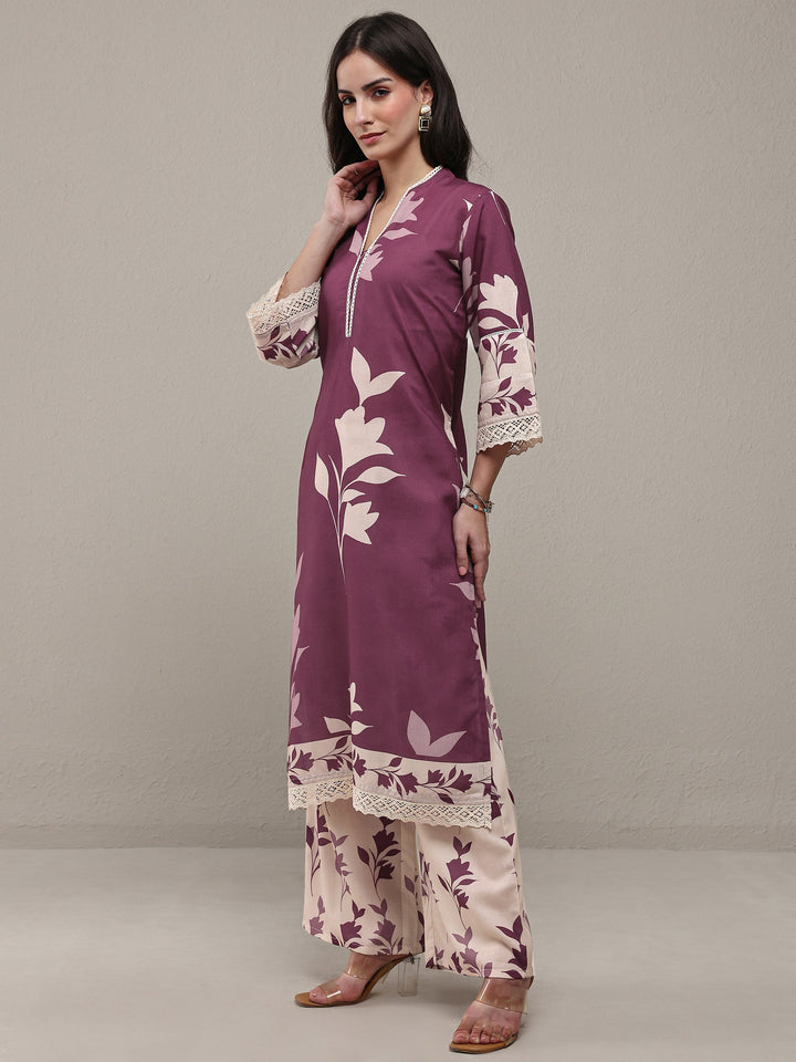 Mauve Floral Printed Cotton Blend Straight Kurta Set