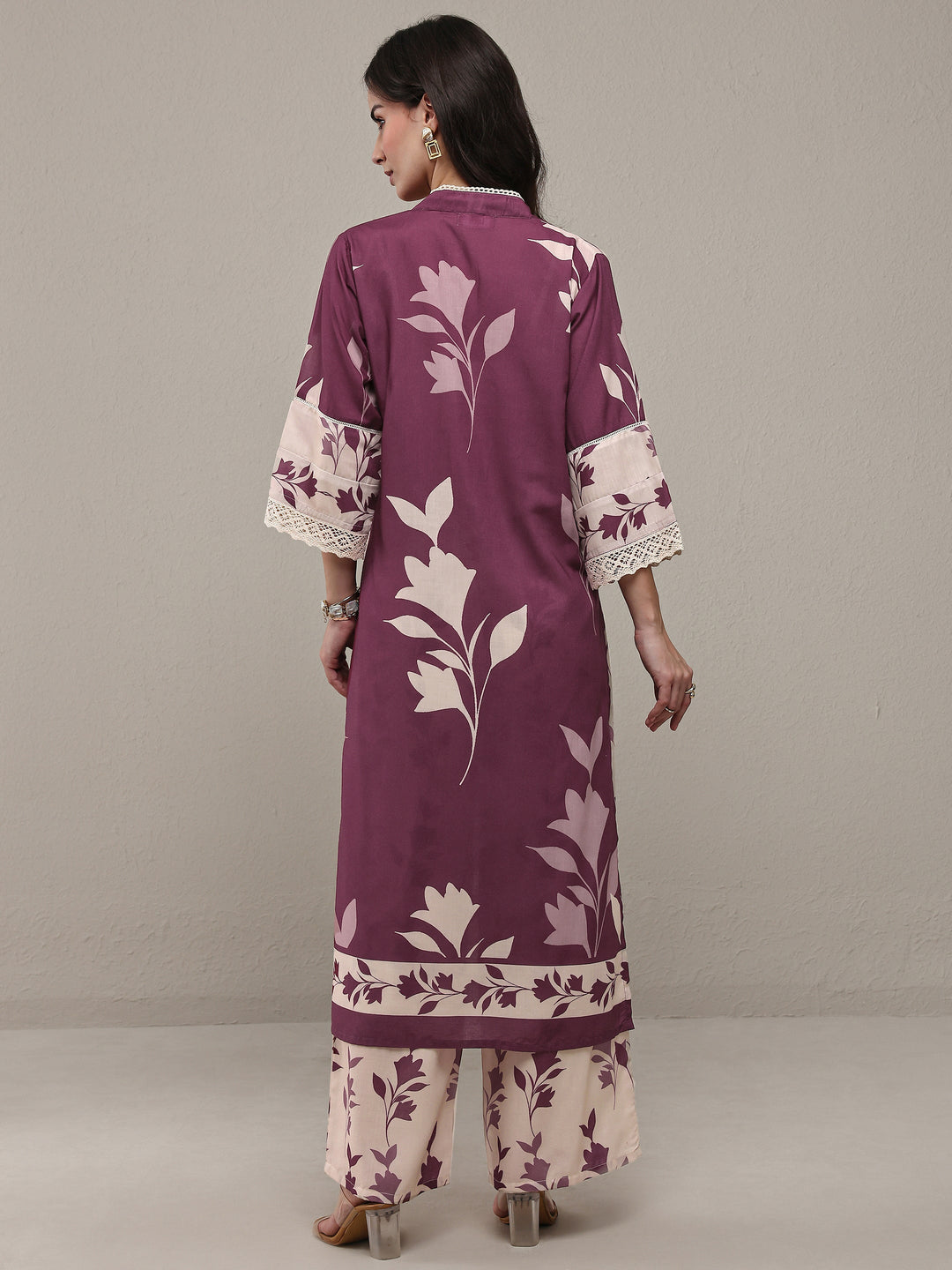 Mauve Floral Printed Cotton Blend Straight Kurta Set