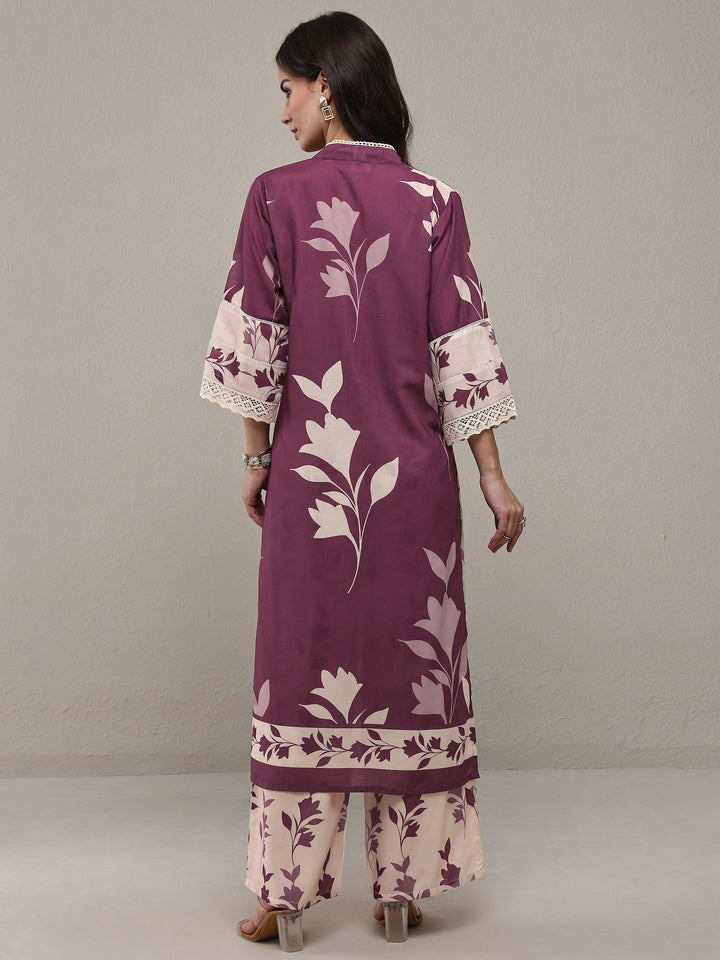 Mauve Floral Printed Cotton Blend Straight Kurta Set