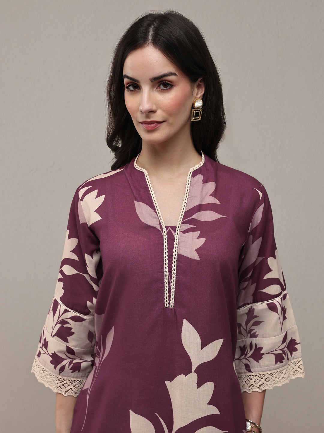 Mauve Floral Printed Cotton Blend Straight Kurta Set