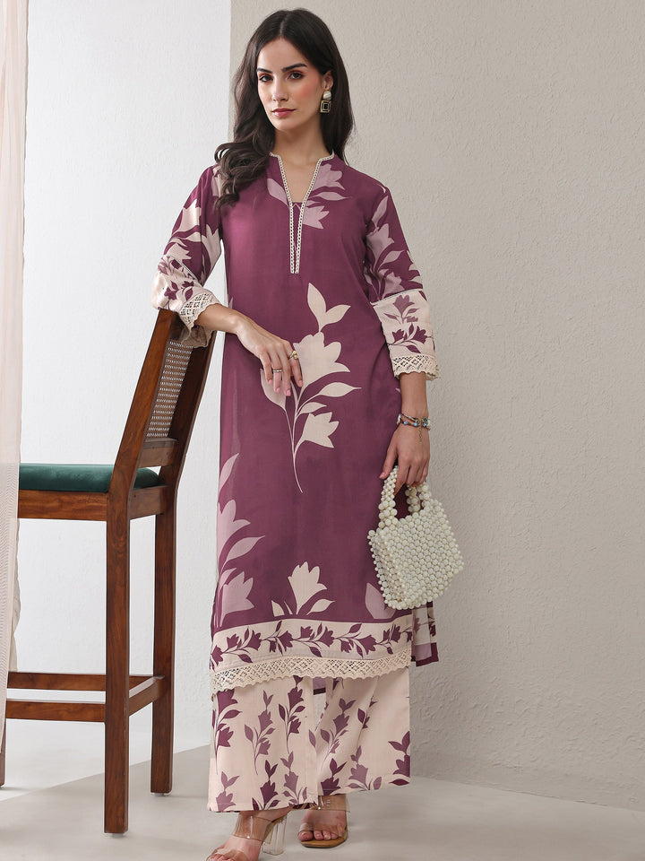 Mauve Floral Printed Cotton Blend Straight Kurta Set