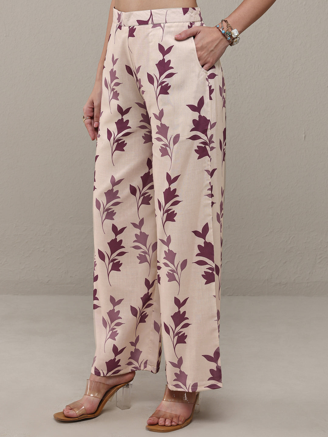 Mauve Floral Printed Cotton Blend Straight Kurta Set
