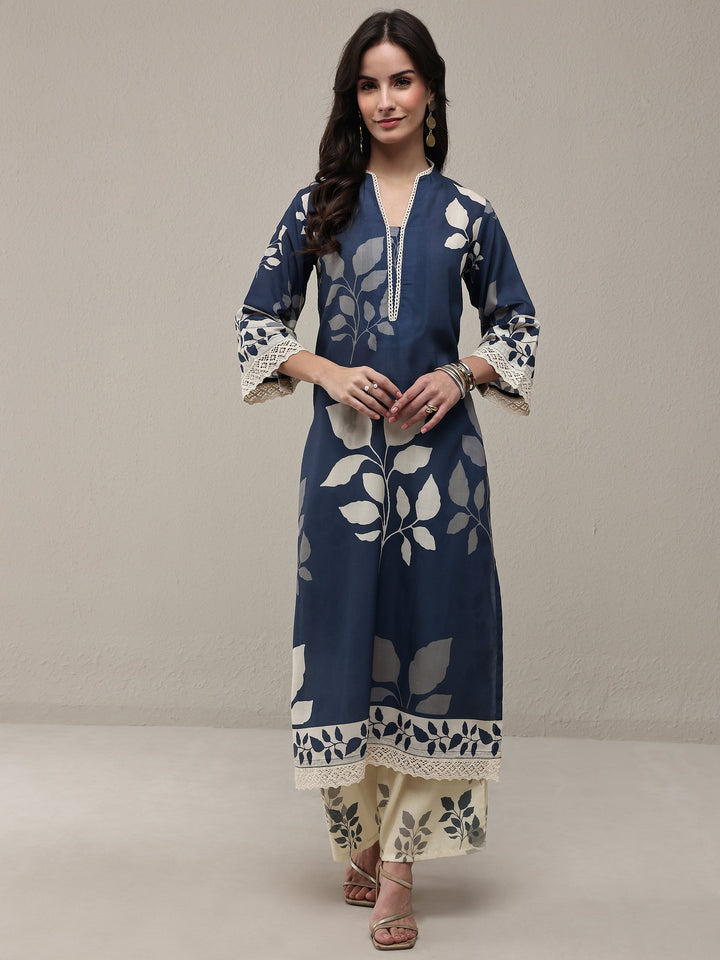 Navy Blue Floral Printed Cotton Blend Straight Kurta Set