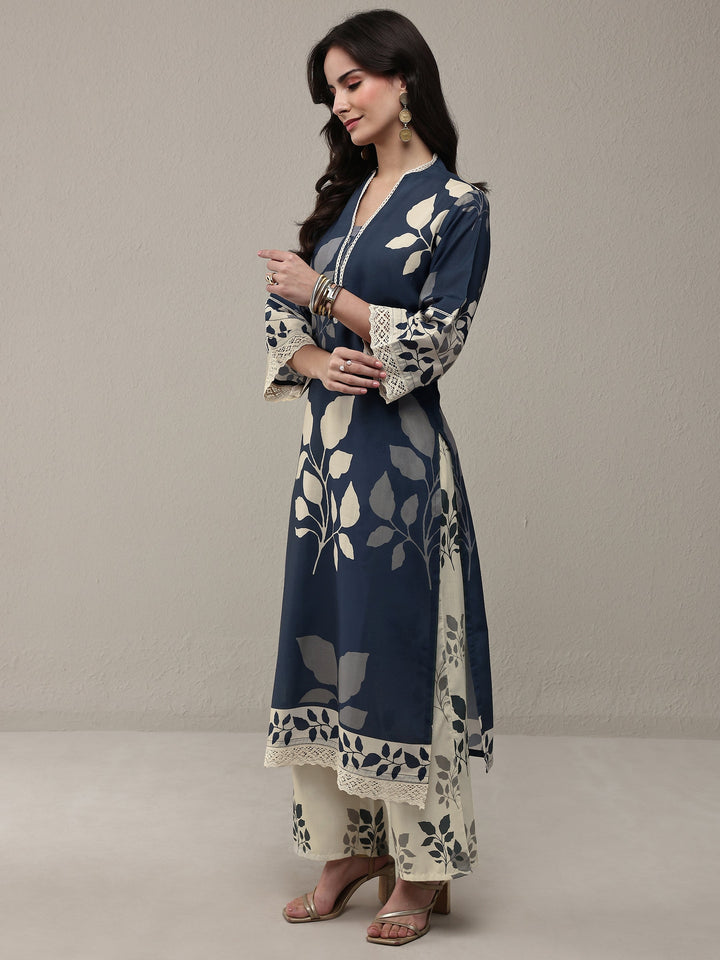 Navy Blue Floral Printed Cotton Blend Straight Kurta Set
