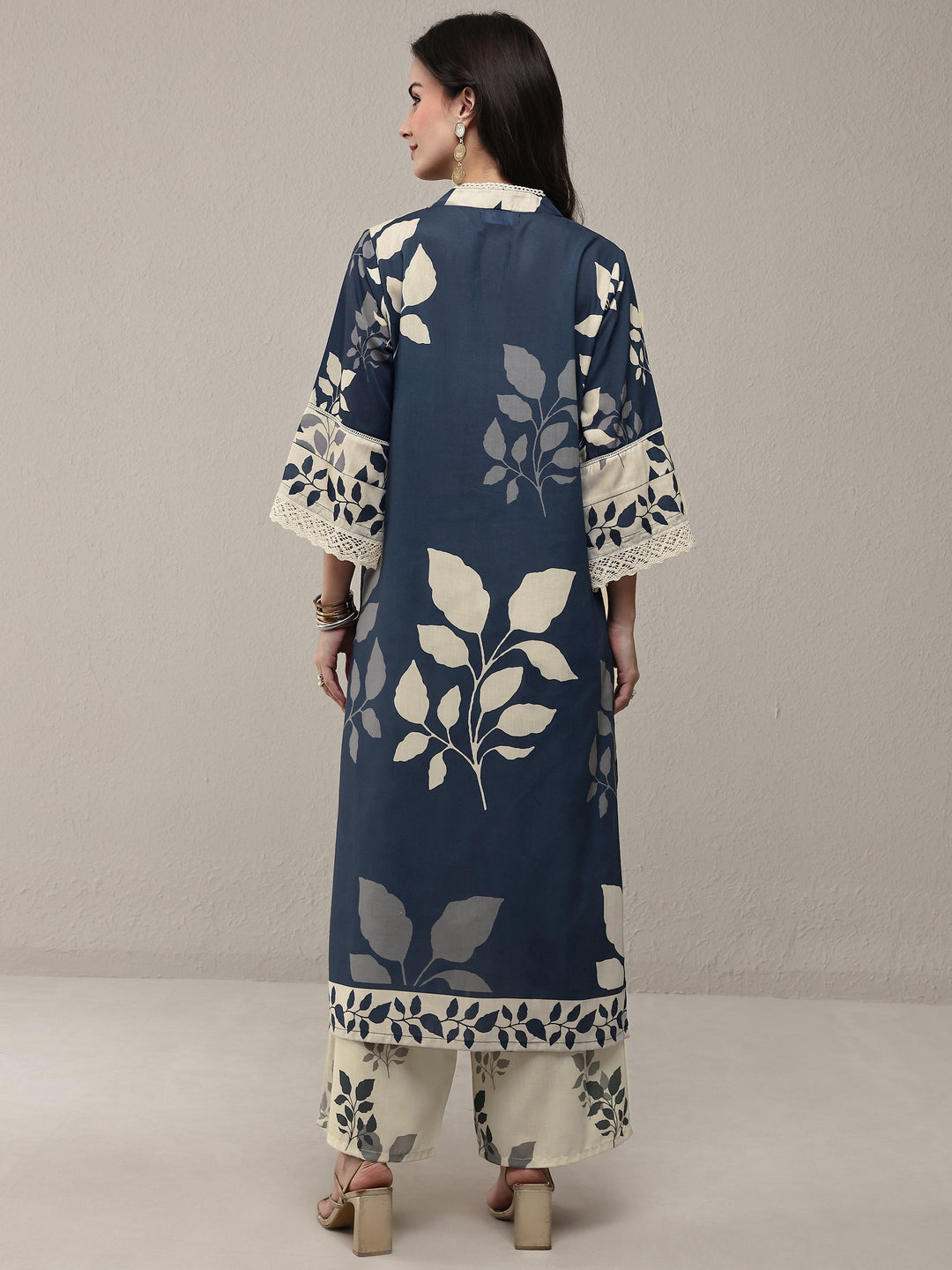 Navy Blue Floral Printed Cotton Blend Straight Kurta Set