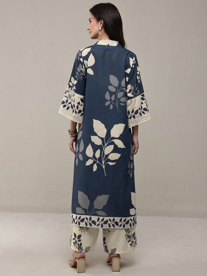 Navy Blue Floral Printed Cotton Blend Straight Kurta Set