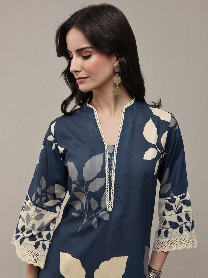 Navy Blue Floral Printed Cotton Blend Straight Kurta Set