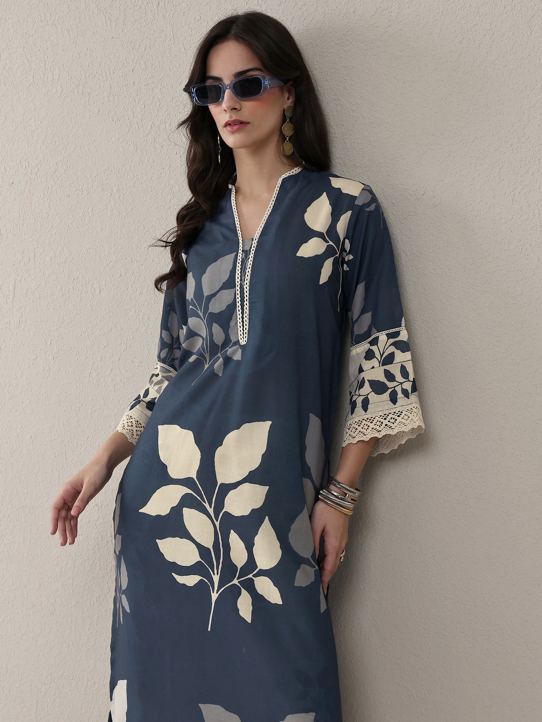 Navy Blue Floral Printed Cotton Blend Straight Kurta Set