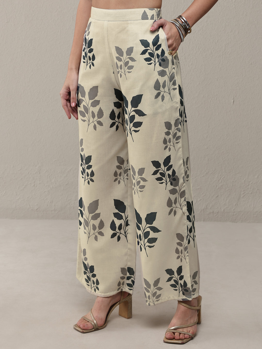 Navy Blue Floral Printed Cotton Blend Straight Kurta Set