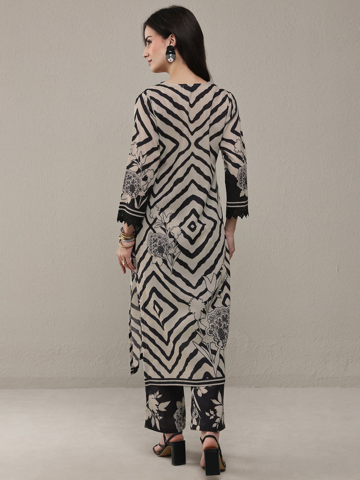 Libas Black Geometric Printed Cotton Blend Straight Kurta Set