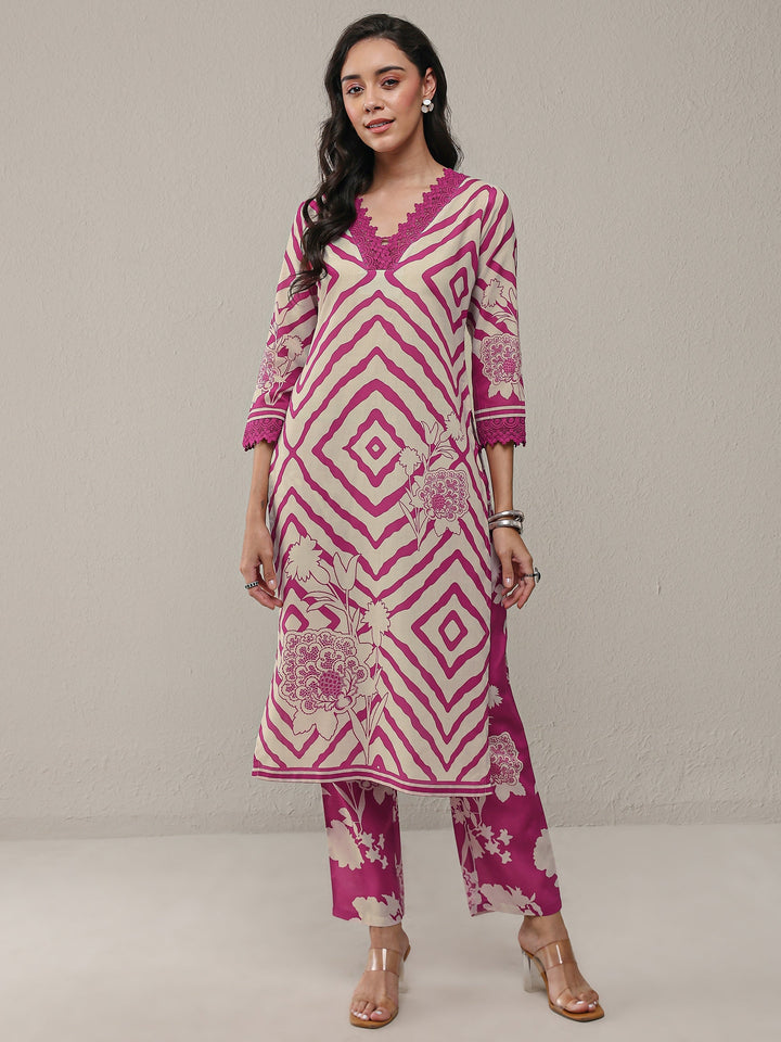 Libas Pink Geometric Printed Cotton Blend Straight Kurta Set
