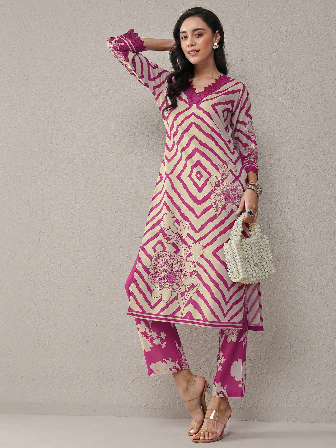 Libas Pink Geometric Printed Cotton Blend Straight Kurta Set