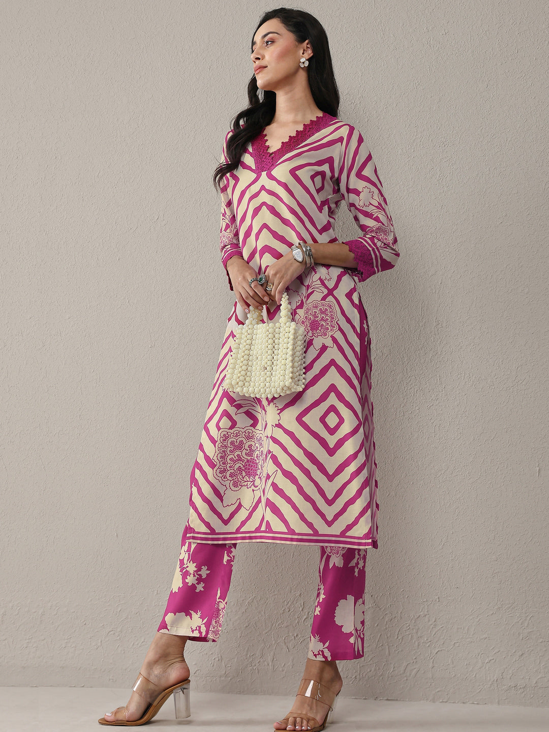 Libas Pink Geometric Printed Cotton Blend Straight Kurta Set