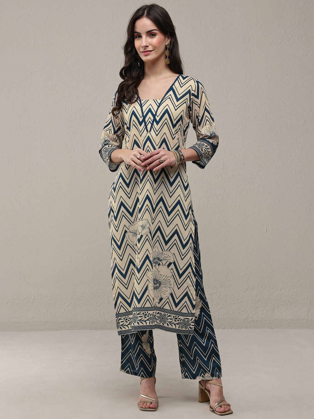 Libas Blue Chevron Printed Cotton Blend Straight Kurta Set