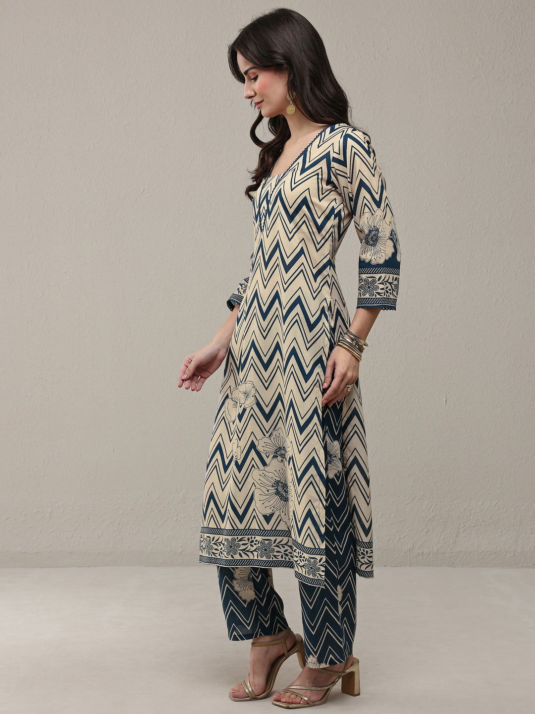 Libas Blue Chevron Printed Cotton Blend Straight Kurta Set