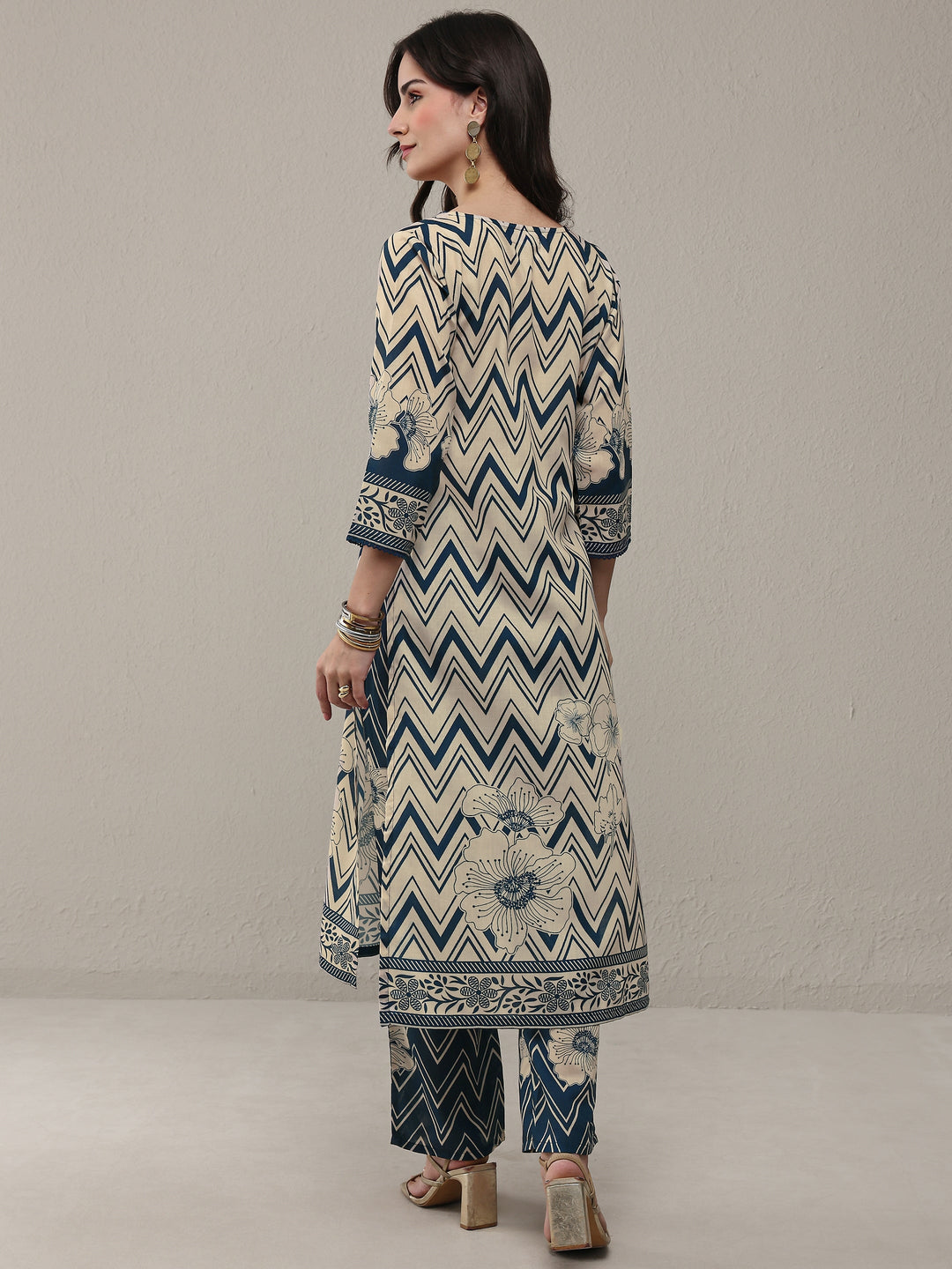 Libas Blue Chevron Printed Cotton Blend Straight Kurta Set