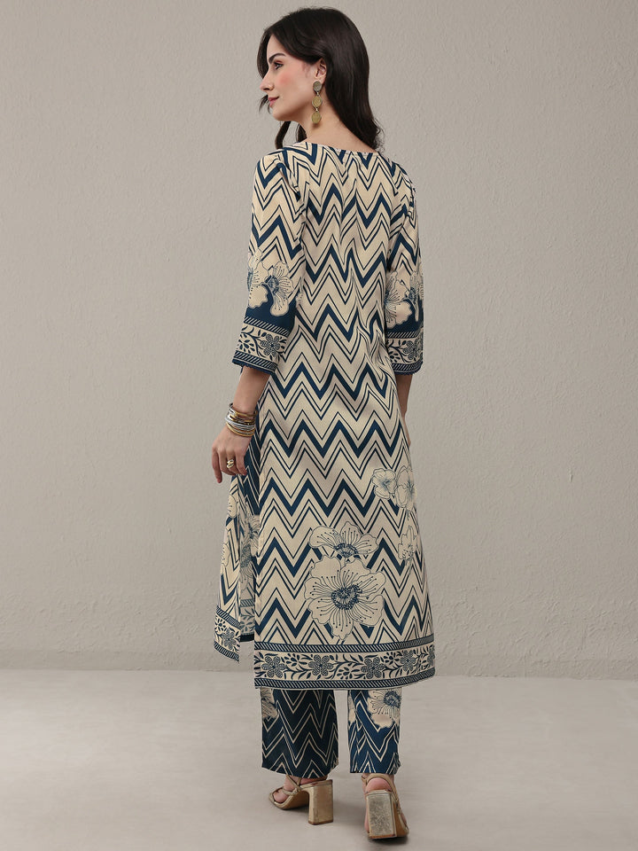 Libas Blue Chevron Printed Cotton Blend Straight Kurta Set