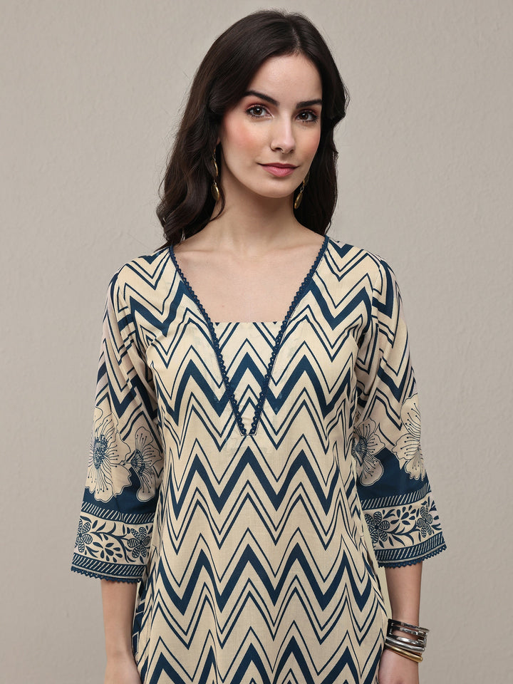 Libas Blue Chevron Printed Cotton Blend Straight Kurta Set