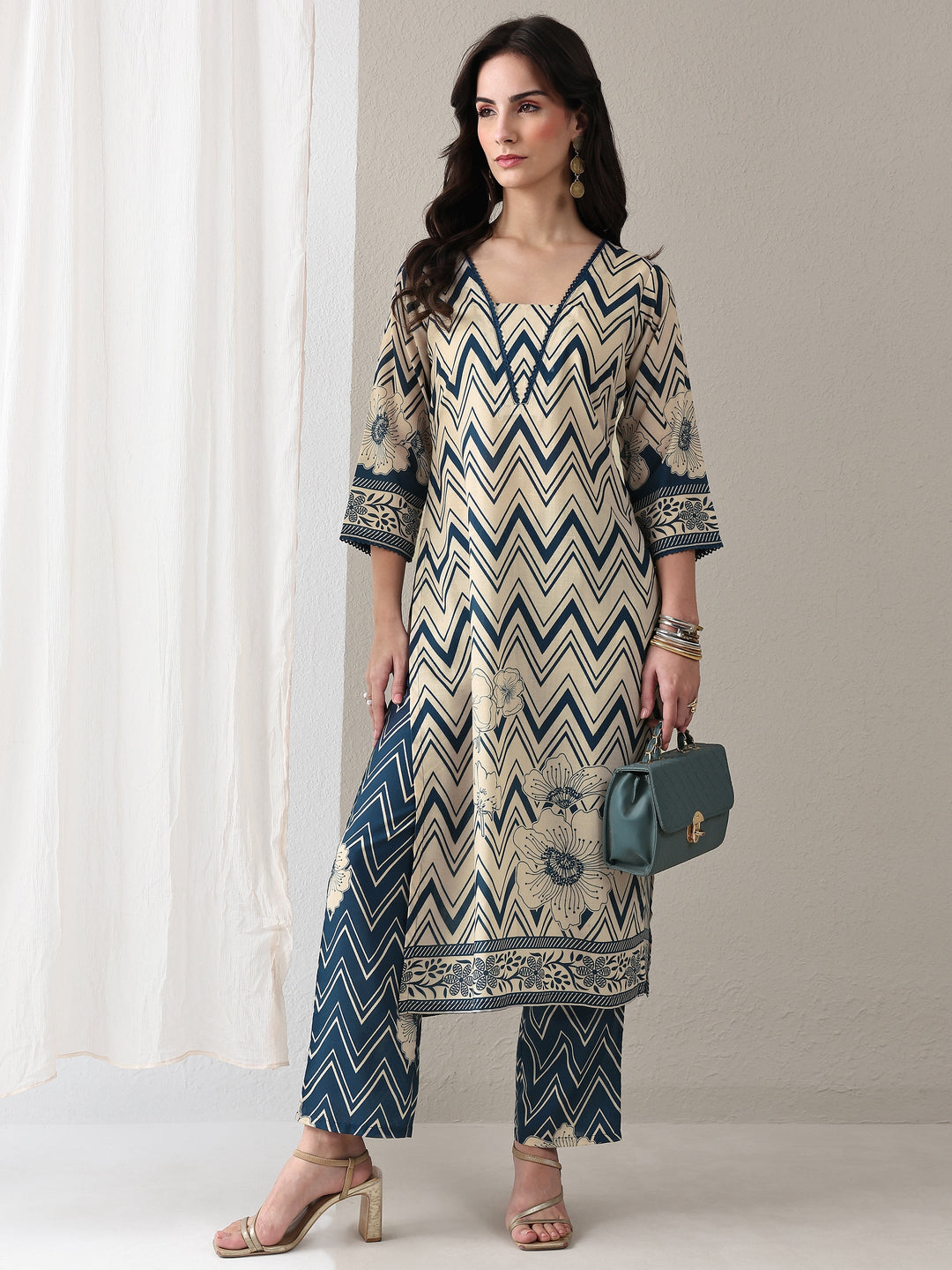 Libas Blue Chevron Printed Cotton Blend Straight Kurta Set