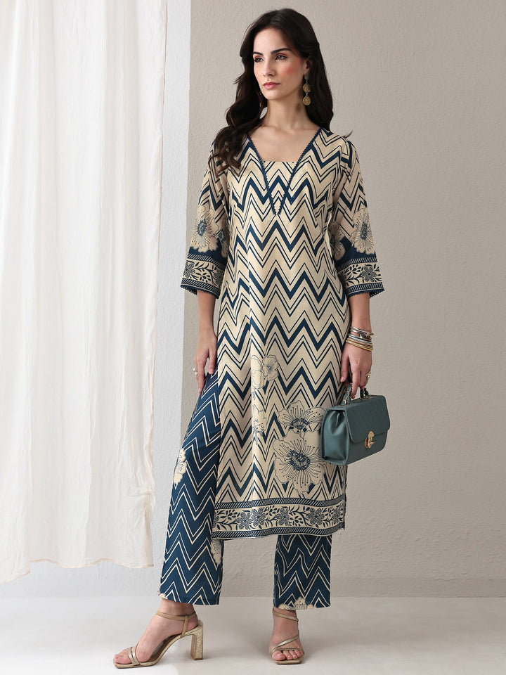 Libas Blue Chevron Printed Cotton Blend Straight Kurta Set