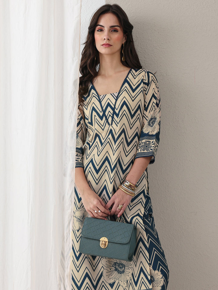 Libas Blue Chevron Printed Cotton Blend Straight Kurta Set
