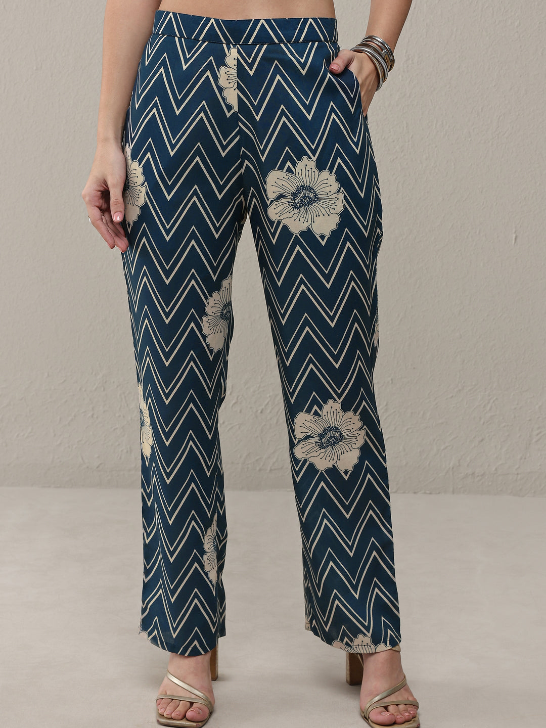Libas Blue Chevron Printed Cotton Blend Straight Kurta Set
