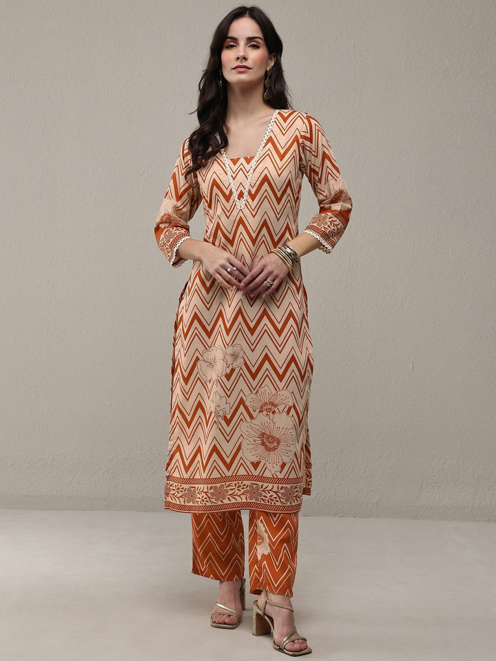 Libas Orange Chevron Printed Cotton Blend Straight Kurta Set