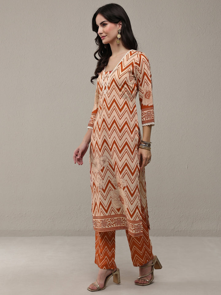 Libas Orange Chevron Printed Cotton Blend Straight Kurta Set