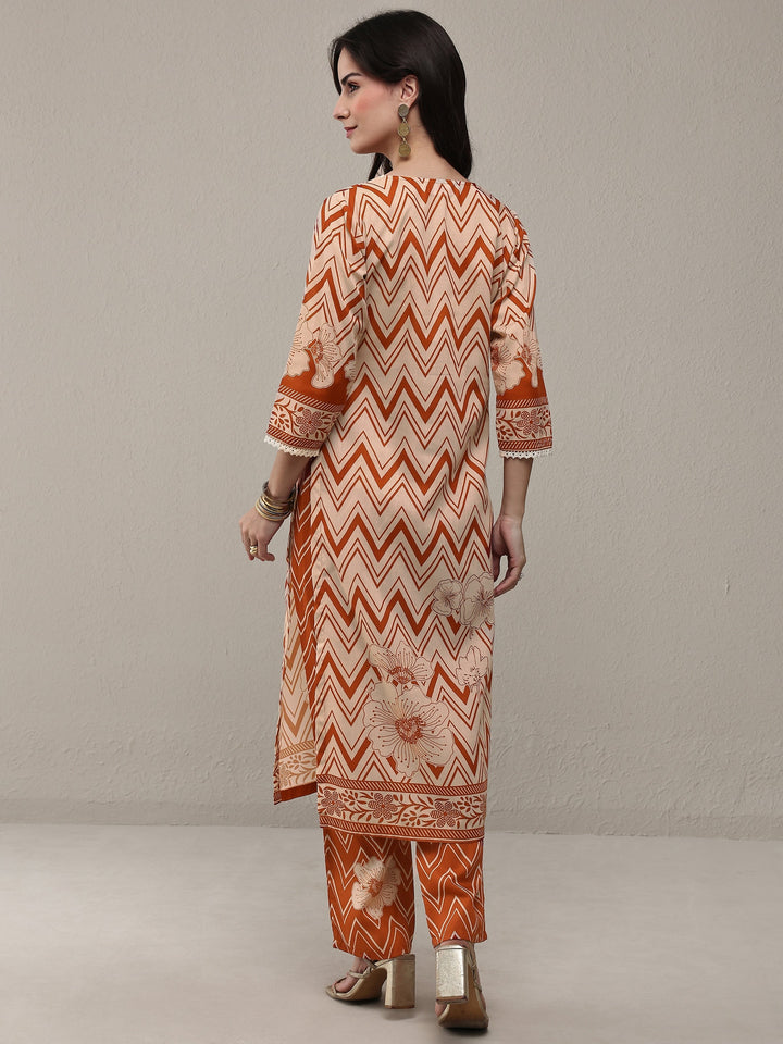 Libas Orange Chevron Printed Cotton Blend Straight Kurta Set