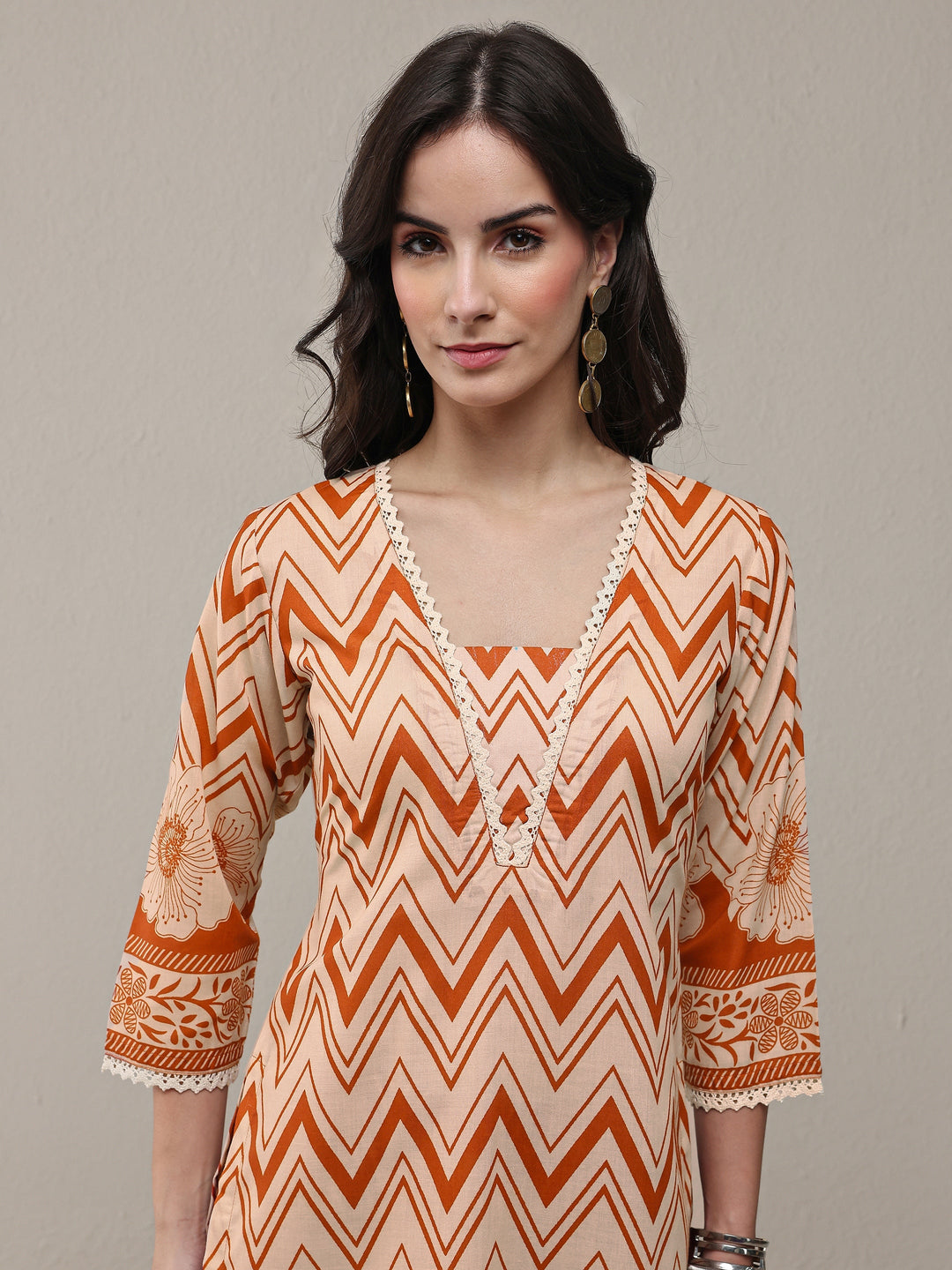 Libas Orange Chevron Printed Cotton Blend Straight Kurta Set