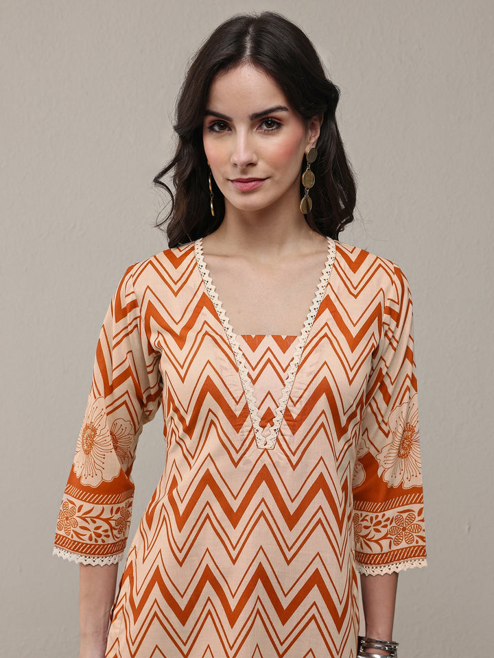 Libas Orange Chevron Printed Cotton Blend Straight Kurta Set