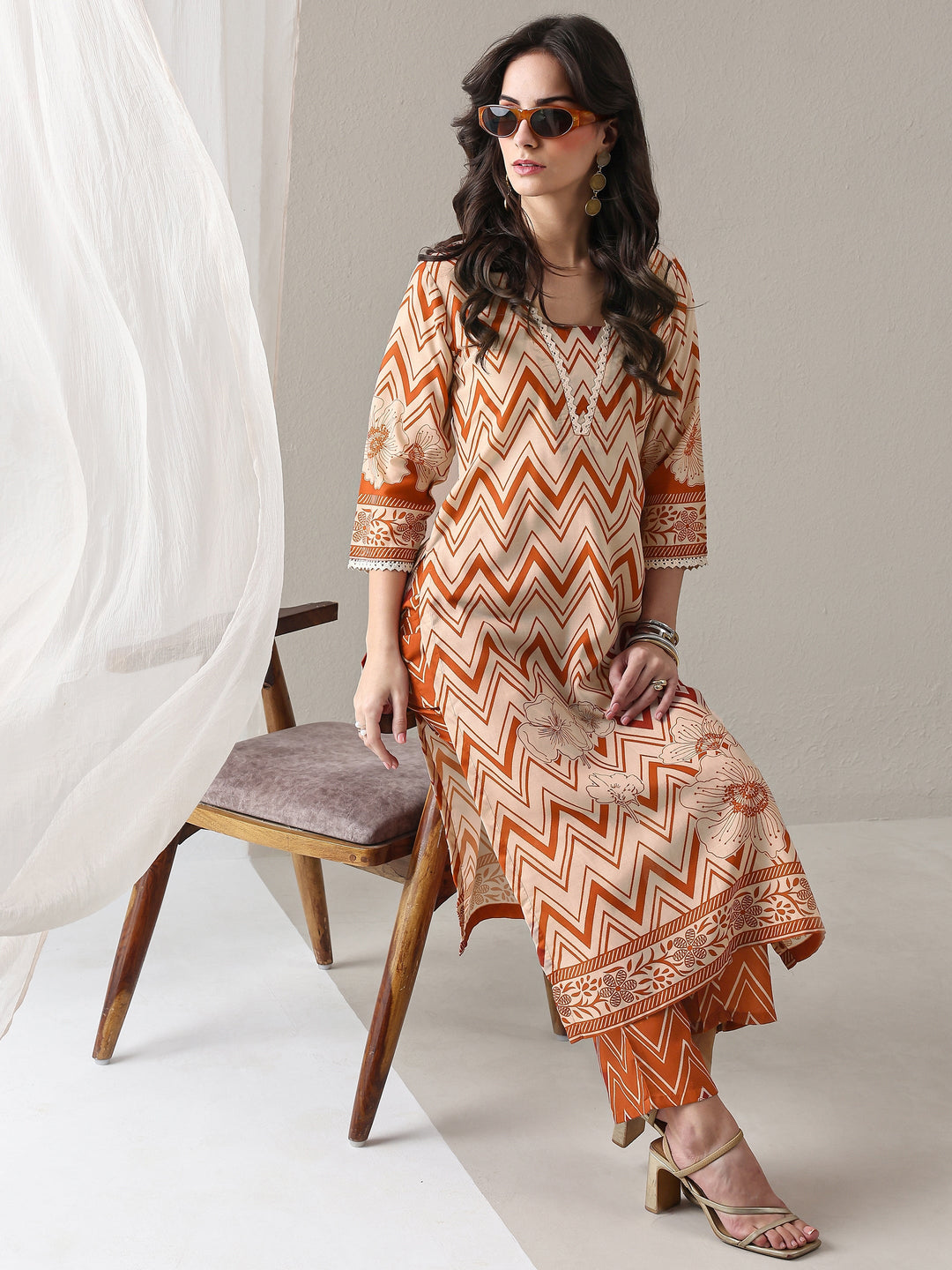 Libas Orange Chevron Printed Cotton Blend Straight Kurta Set
