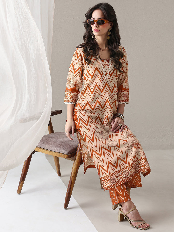 Libas Orange Chevron Printed Cotton Blend Straight Kurta Set